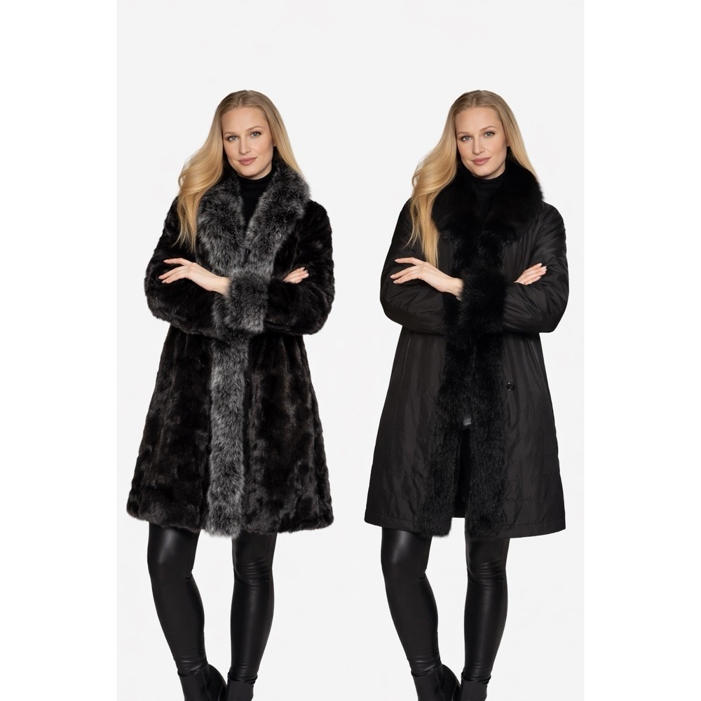 Reversible Black Coat Faux Fur Trim Collar Cuffs Open Front Winter Jacket M/XL